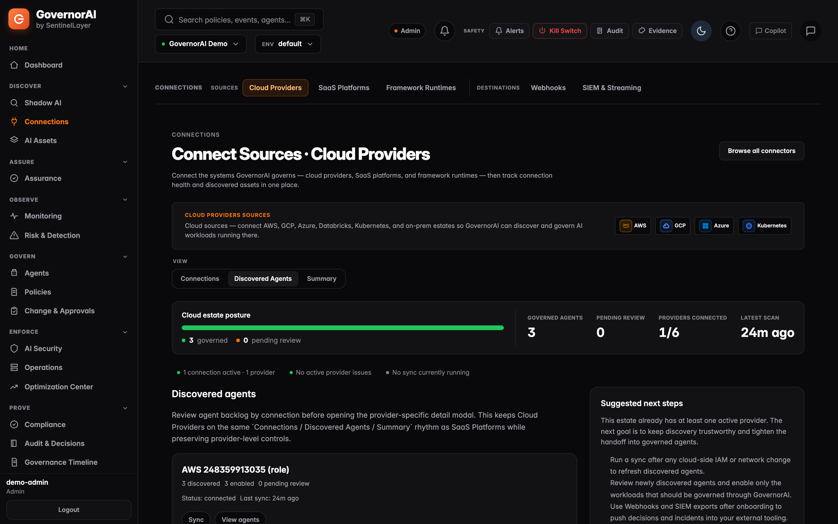 GovernorAI Connect Sources, Cloud Providers view showing a cloud estate posture bar reading 3 governed and 0 pending review, tiles for governed agents, pending review, providers connected and latest scan, a status line reading one connection active with no active provider issues, and a connection card for an AWS account connected by role showing 3 discovered, 3 enabled and 0 pending review