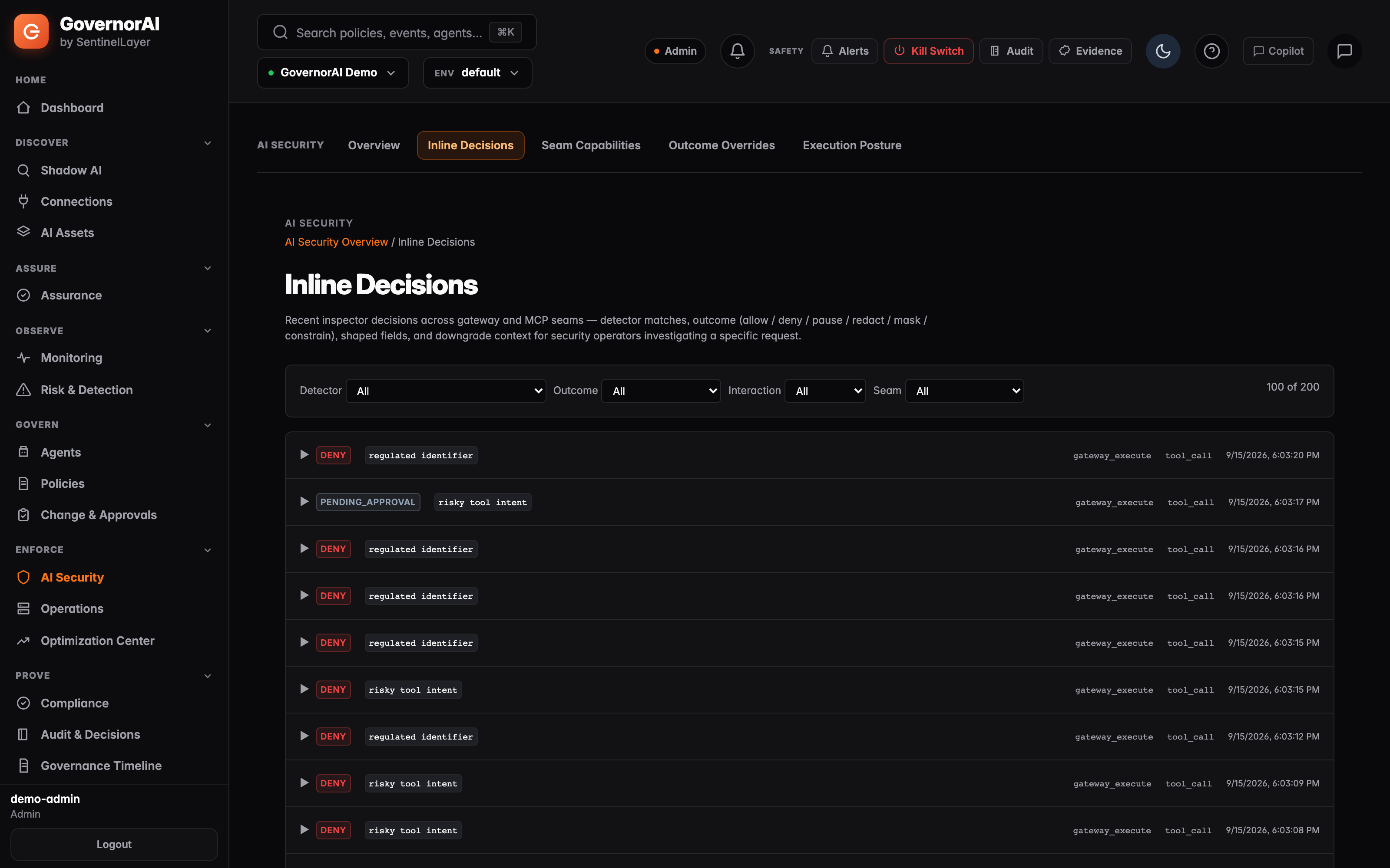 Inline Decisions — GovernorAI console
