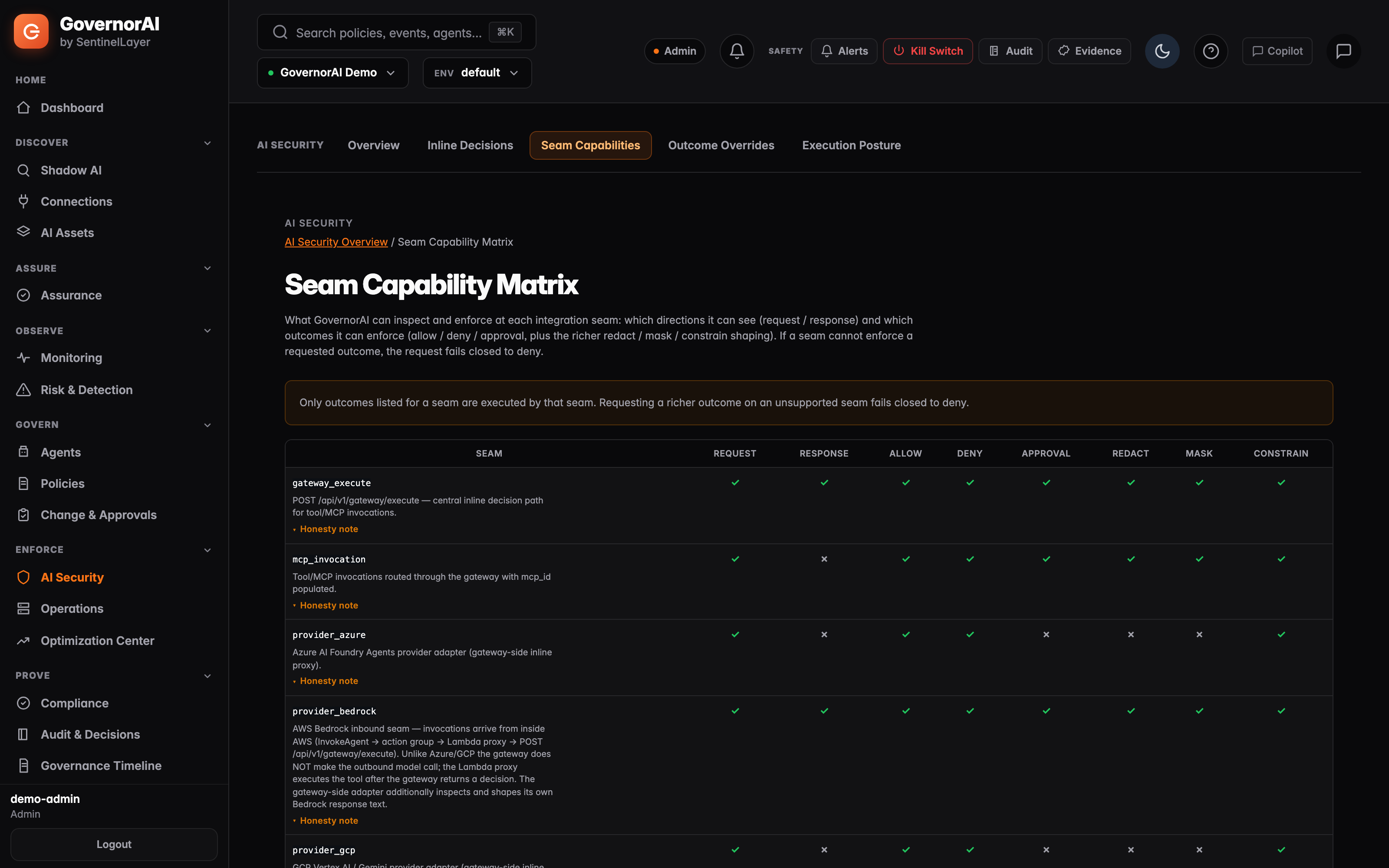 Seam Capability Matrix — GovernorAI console