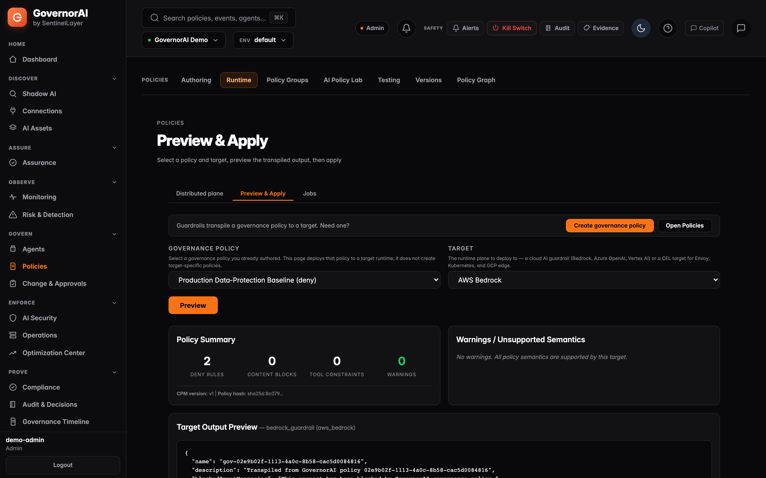 GovernorAI Demo policy transpilation preview, showing a governance policy selected against an AWS Bedrock target with the deny rules it carries across and no unsupported semantics reported for that target